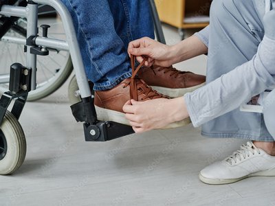 Frau bindet einer Person im Rollstuhl die Schuhe.