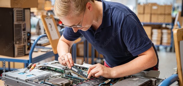 Frau arbeitet konzentriert an einer Aufgabe in einer Werkstatt.